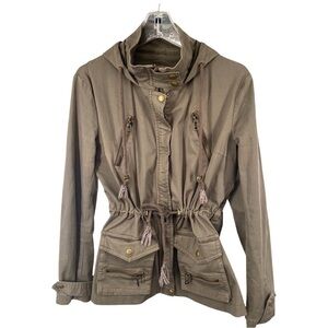 Kenna-T Olive Green Utility Jacket Cinched Waist Bronze Metal Detail Size Medium